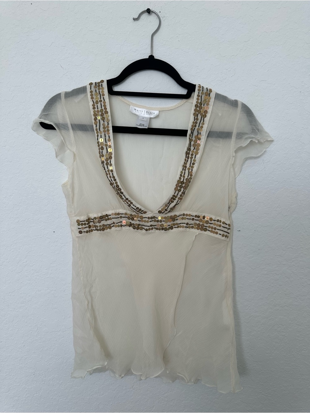 White House Black Market Cream V-Neck Sequin-Trim Blouse